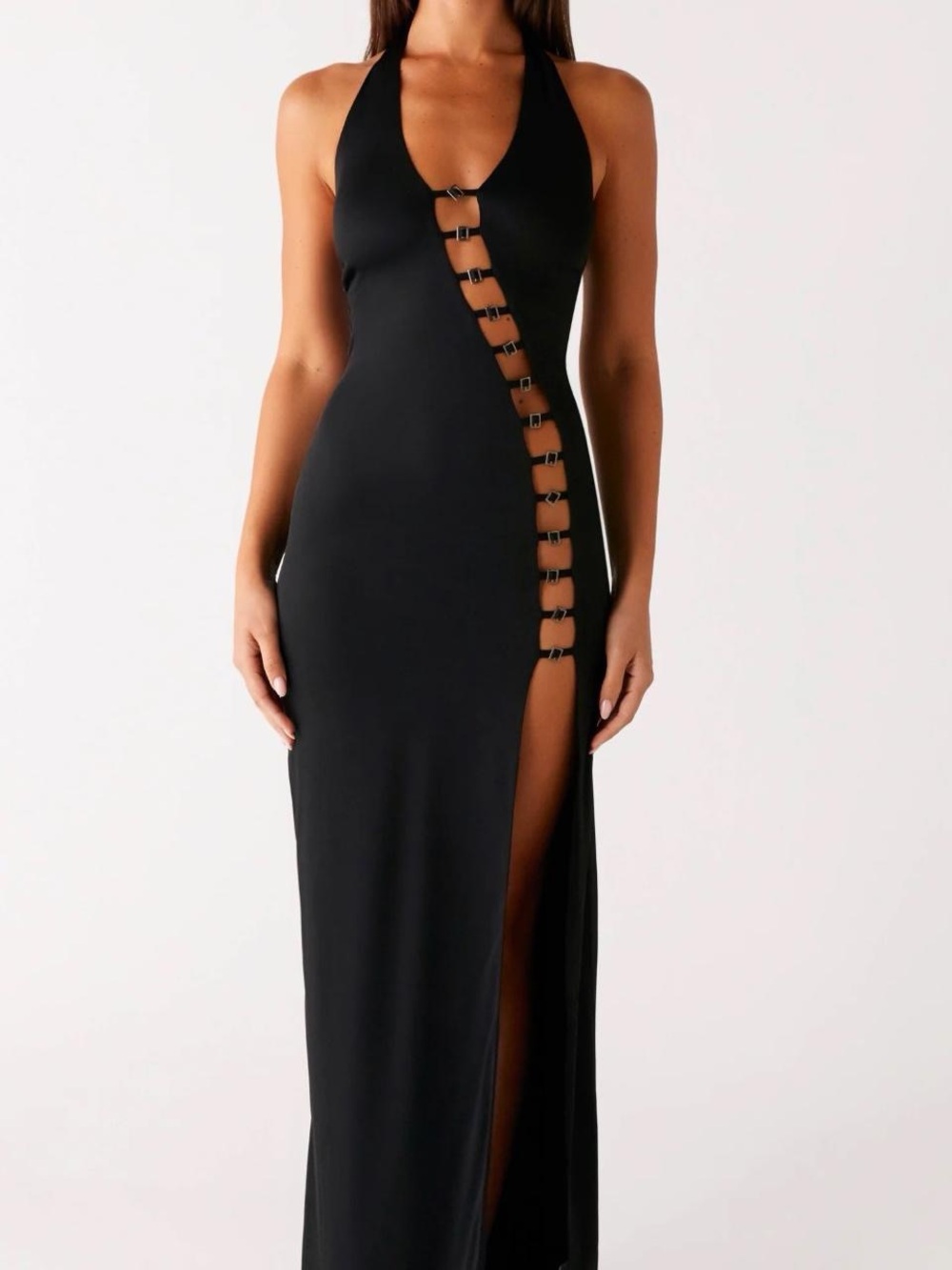 Black Halter Maxi Dress with Buckle Detail